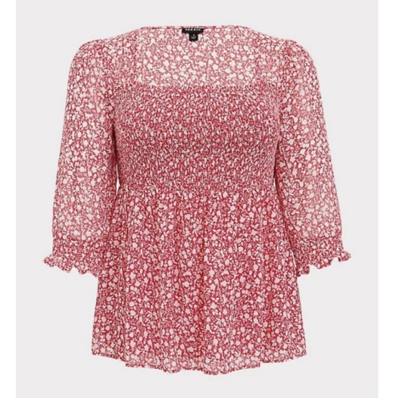 Torrid Top 1 Dark Pink White Floral Print Smocked - Picture 5 of 14